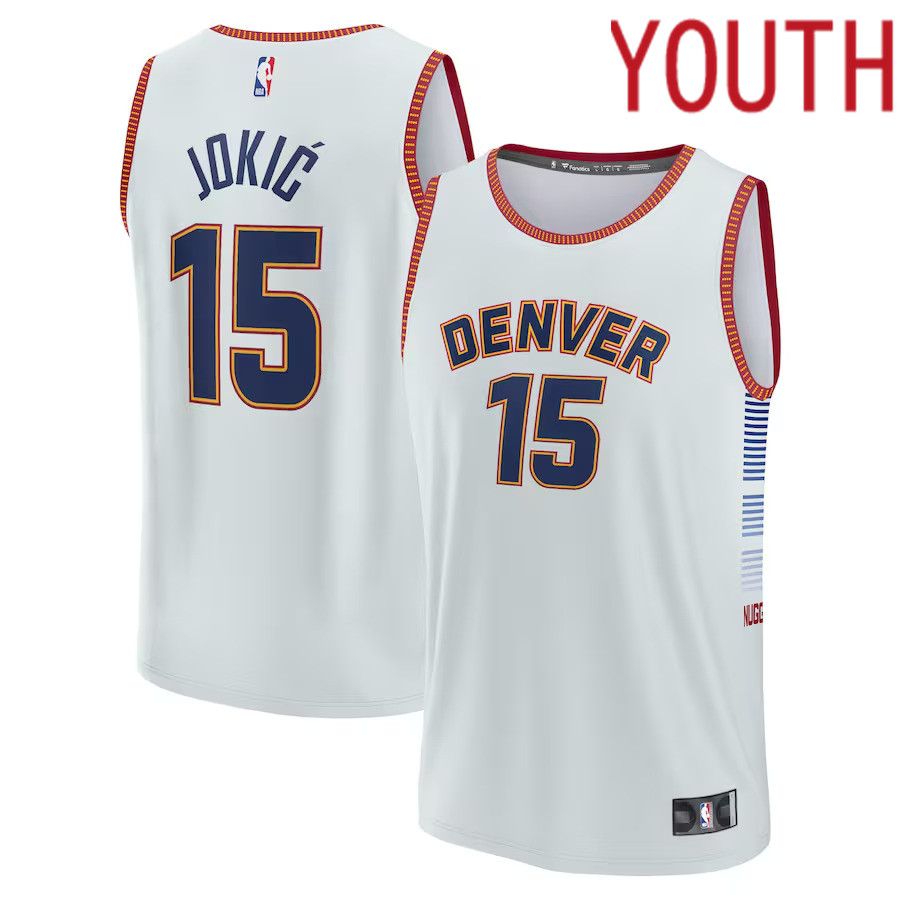 Youth Denver Nuggets #15 Nikola Jokic White Fanatics Branded Silver Fastbreak NBA Jersey->youth nba jersey->Youth Jersey